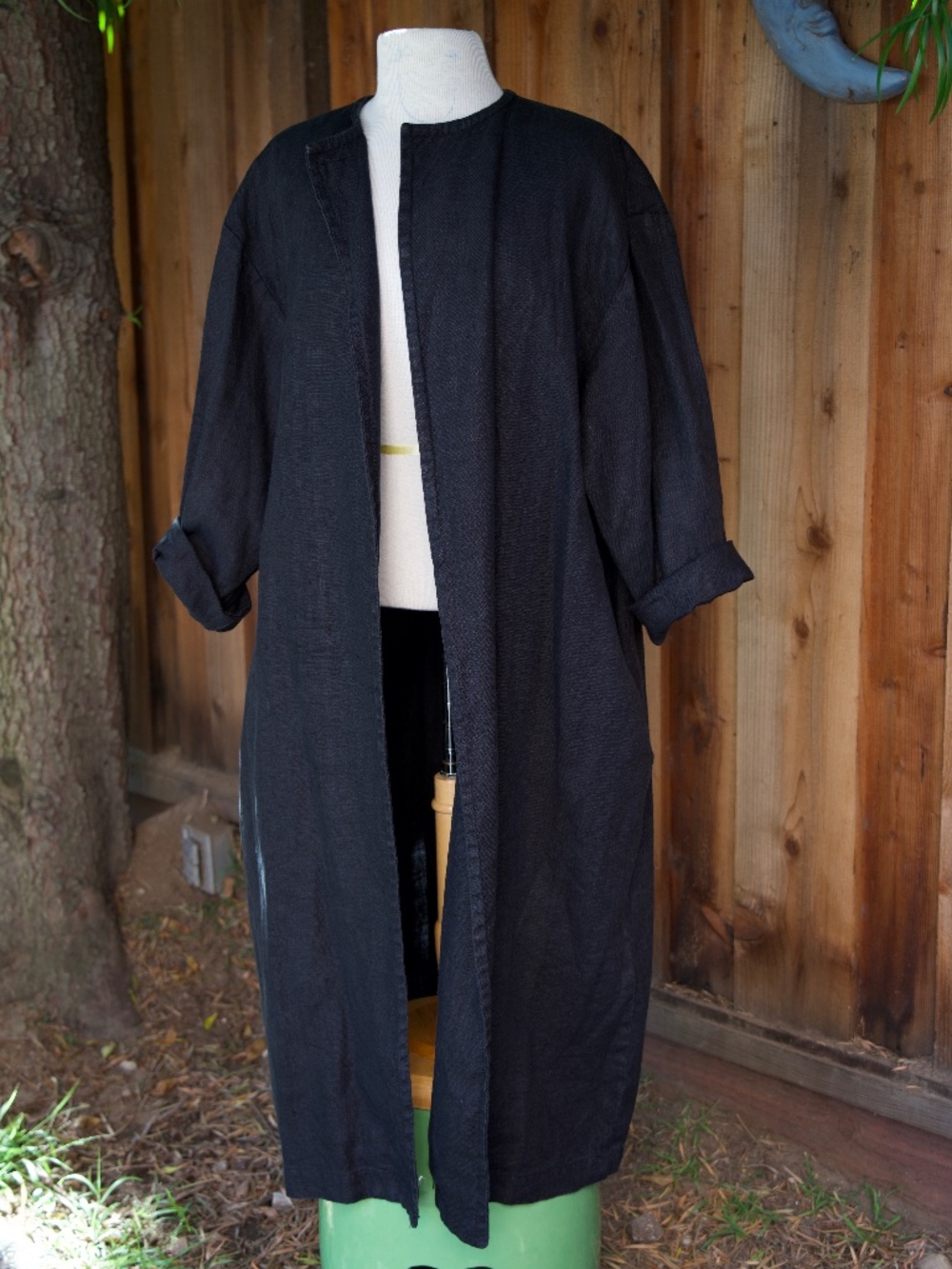 Vintage 100% Linen Black Long Pea Coat Casual Minimalist Made In USA Woman's M